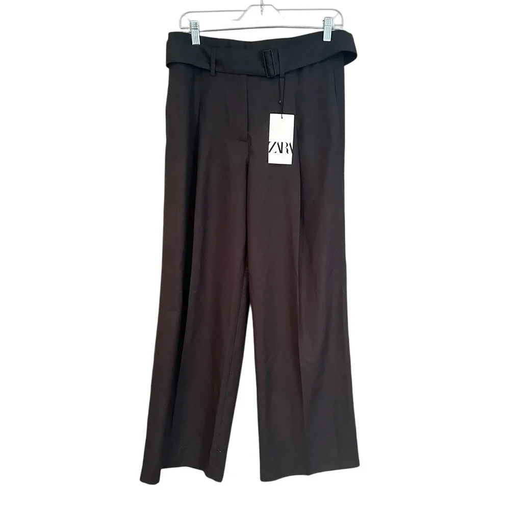 ZARA Wool High-Rise Wide Leg Belted Dress Pants Womens Small Charcoal Career NWT